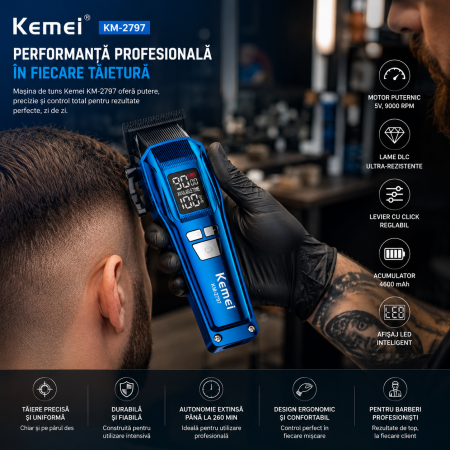 SET MASINA DE TUNS SI CONTUR PROFESIONALA KEMEI KM-2797, CUTITE DLC, 9000RPM, DISPLAY LED, ACUMULATOR 4600MAH, 13 INALTATOARE [6]
