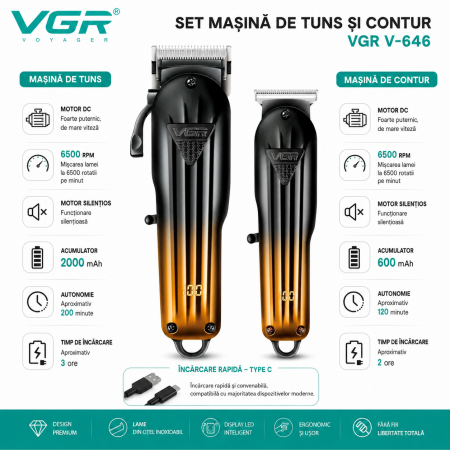 Set masina de tuns si masina de contur profesionala, VGR V-646, afisaj LED, 10 gratare, pieptan, gold [1]
