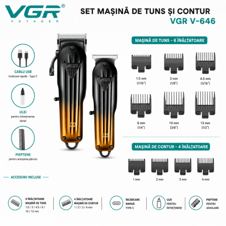 Set masina de tuns si masina de contur profesionala, VGR V-646, afisaj LED, 10 gratare, pieptan, gold [3]