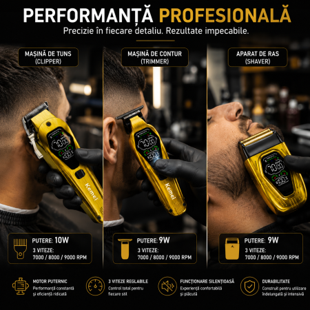 Set Profesional 3 în 1 Kemei KM-8551 – Mașină de Tuns + Trimmer Contur + Aparat de Ras, Motor 10W/9W, 3 Viteze 7000-9000 RPM, Display LED, Acumulatori 2000/1400/800 mAh, 12 Piepteni, USB [5]