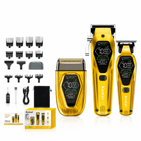 MASINI DE TUNS - Set Profesional 3 în 1 Kemei KM-8551 – Mașină de Tuns + Trimmer Contur + Aparat de Ras, Motor 10W/9W, 3 Viteze 7000-9000 RPM, Display LED, Acumulatori 2000/1400/800 mAh, 12 Piepteni, USB
