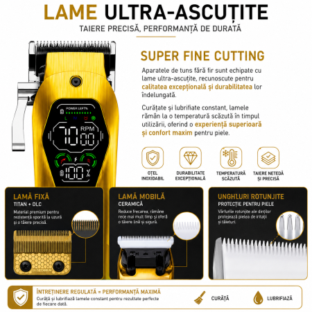 Set Profesional 3 în 1 Kemei KM-8551 – Mașină de Tuns + Trimmer Contur + Aparat de Ras, Motor 10W/9W, 3 Viteze 7000-9000 RPM, Display LED, Acumulatori 2000/1400/800 mAh, 12 Piepteni, USB [2]
