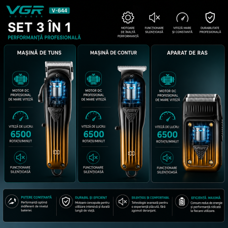 Set Profesional 3 în 1 VGR V-644 Masina de Tuns, Contur și Aparat de Ras, Display LED, Incarcare Type-C, 10 Gratare, Autonomie Extinsa [4]