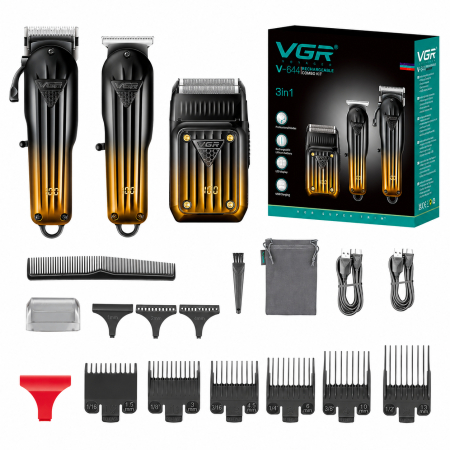 Masini de ras - Set Profesional 3 în 1 VGR V-644 Masina de Tuns, Contur și Aparat de Ras, Display LED, Incarcare Type-C, 10 Gratare, Autonomie Extinsa