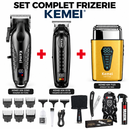 SET PROFESIONAL COMPLET FRIZERIE KEMEI, MASINA DE TUNS KM-2290, CONTUR KM-1578, SHAVER KM-T123, PAMATUF, PULVERIZATOR, BRICI, PELERINA [0]