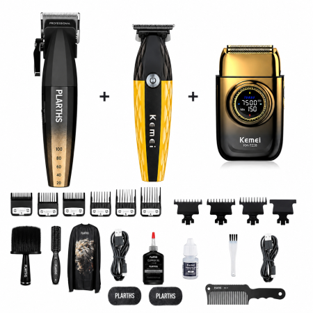 SET MASINI DE TUNS SI CONTUR - SET PROFESIONAL FRIZERIE MASINA DE TUNS PLARTHS NG-2038, MASINA DE CONTUR KEMEI KM-1690A, APARAT DE RAS KEMEI KM-228, DISPLAY LED, TYPE C