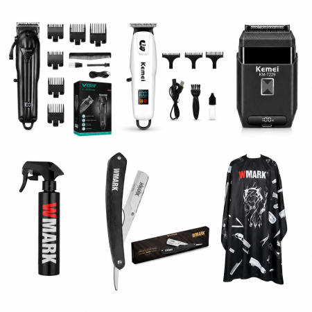MASINI DE TUNS - Set profesional frizerie Masina de tuns VGR V-282, Masina de contur KEMEI, Aparat de ras, Pulverizator, Brici, Pelerina