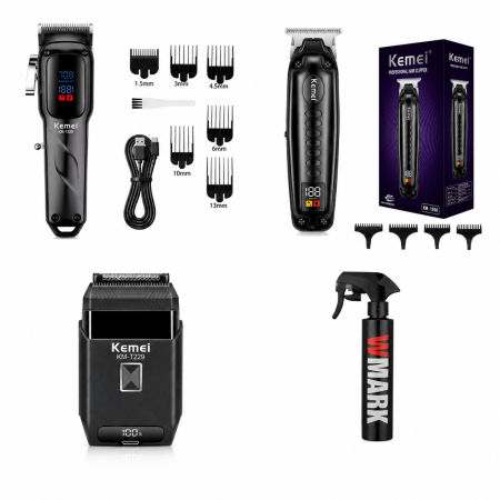 Masini de ras - Set Profesional KEMEI Masina de Tuns KM-1550, Contur KM-1578 si Aparat de ras KM-T229, Puvlerizator apa