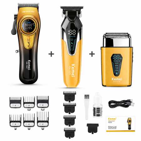 Masini de ras - SET PROFESIONAL MASINA DE TUNS KEMEI KM-1691, MASINA DE CONTUR KEMEI KM-1572, APARAT DE RAS KEMEI KM-T123, 9000rpm, Display LED, Type C