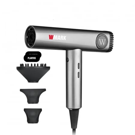 APARATURA - Uscator de par profesional, WMARK NG-9107, 1650W, display LED, motor brushless 100000rpm, 2 Concentratoare magnetice, 1 difuzor, 2 arici, carcasa metalica, silver