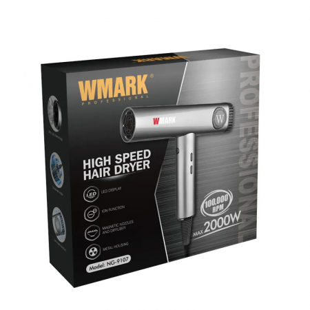 Uscator de par profesional, WMARK NG-9107, 1650W, display LED, motor brushless 100000rpm, 2 Concentratoare magnetice, 1 difuzor, 2 arici, carcasa metalica, silver [2]