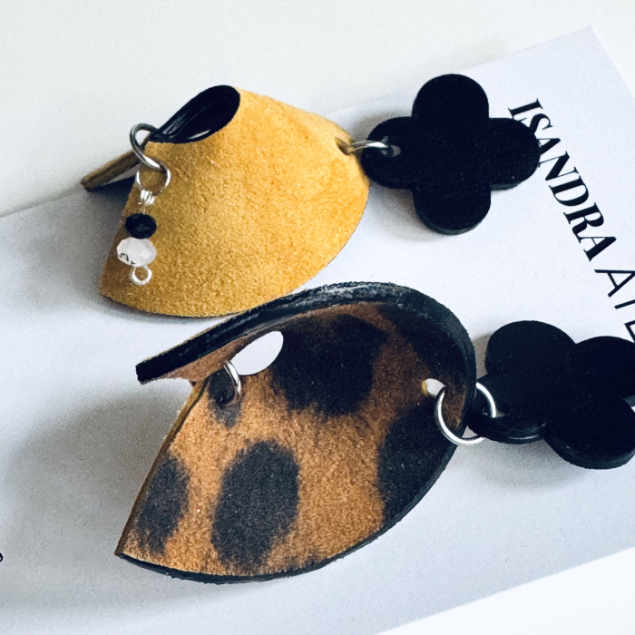 Cercei piele geometrici Halo galben mustar si animal print [2]