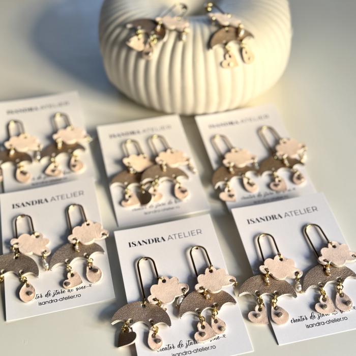 Cercei piele umbrelute si norisori roz pudra [3]