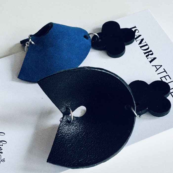 Cercei piele geometrici Halo albastru si negru [2]