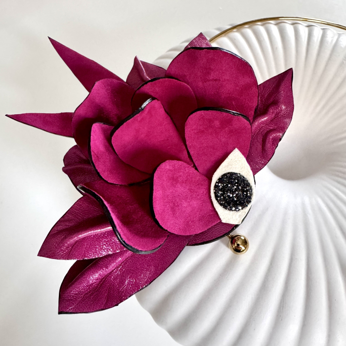 Colier piele naturala floare fantezie fuchsia [2]