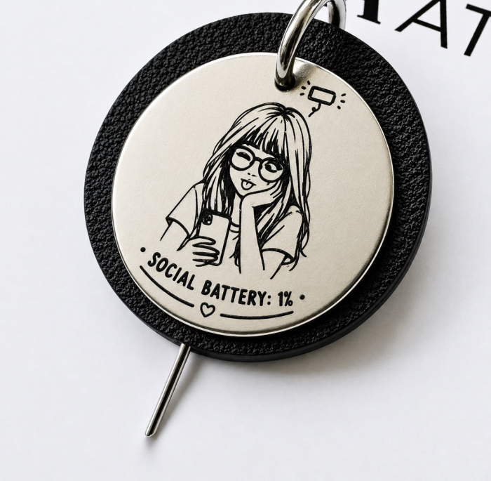 Brosa piele si inox gravat "Social Battery 1%" [2]