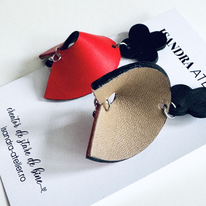 Cercei piele geometrici Halo rosu cu bej [2]