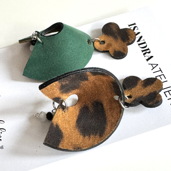 Cercei piele geometrici Halo verde si animal print [2]