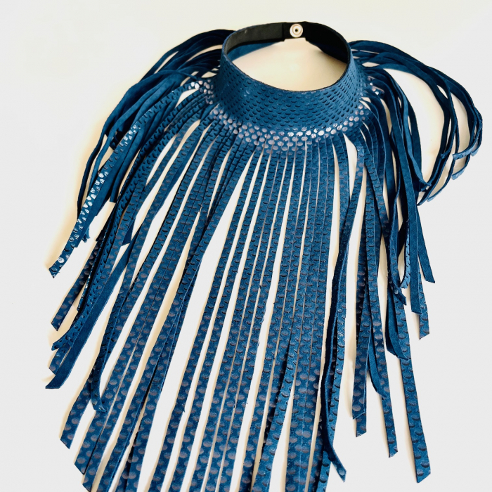 Colier piele franjuri simple bleumarin [3]