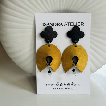 Cercei piele - Cercei piele geometrici Halo galben mustar si animal print