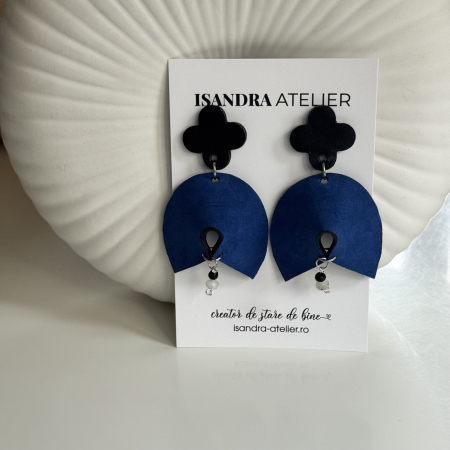 Cercei piele - Cercei piele geometrici Halo albastru si negru