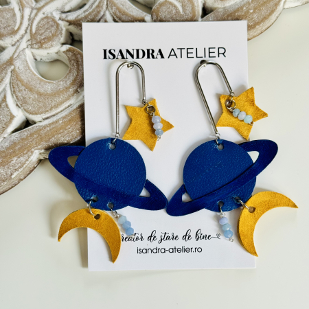 Cercei geometrici - Cercei piele  luna si stele