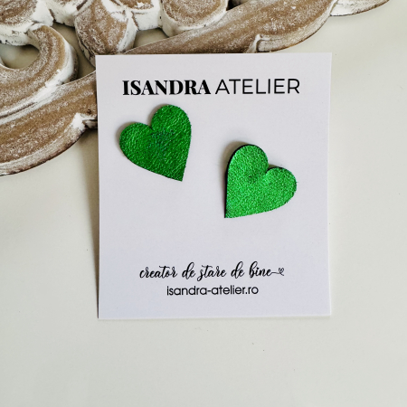 Cercei inima - Cercei piele inimioara mica verde stralucitor