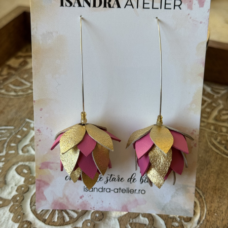 Cercei floare - Cercei ghinda roz cu auriu