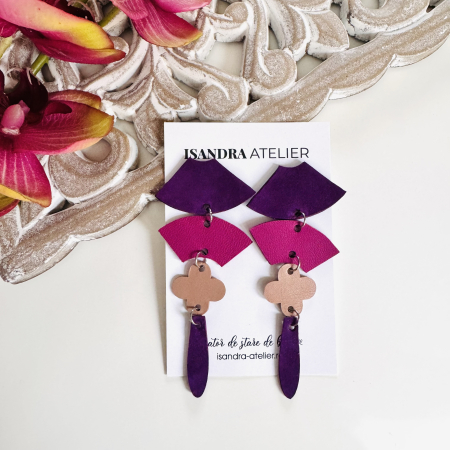 Cercei geometrici - Cercei piele geometrici colorati fuchsia