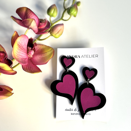 Cercei inima - Cercei piele inimi fuchsia si negru