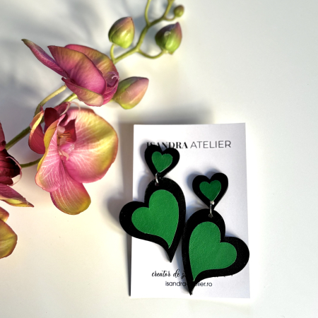 Cercei inima - Cercei piele inimi verde si negru