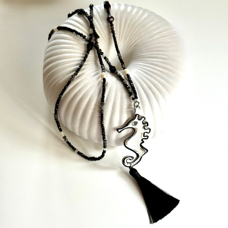 Coliere piele - Colier onix, labradorit, perle calut de mare