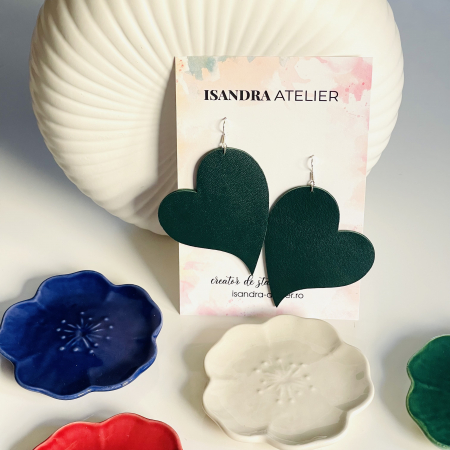 Cercei piele - Cercei inima mare verde inchis