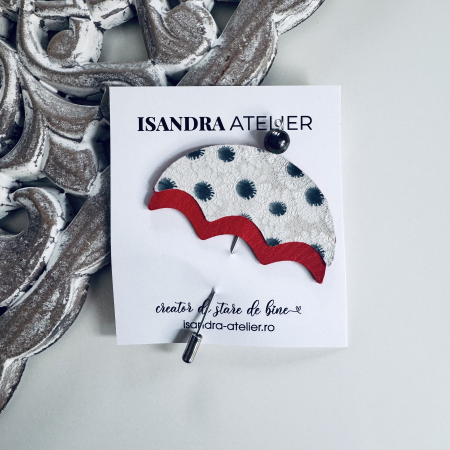 Brose si alte accesorii - Brosa piele umbreluta rosu, alb, bleumarin