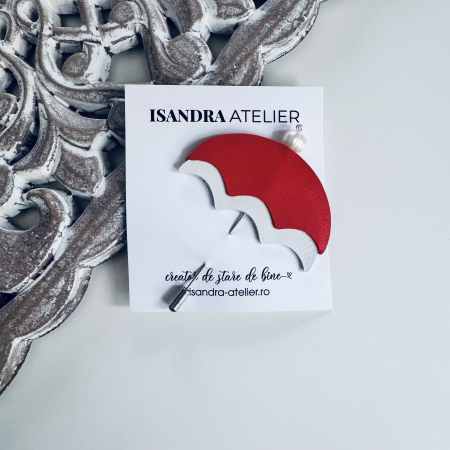 Martisoare piele - Brosa piele umbreluta rosu cu alb