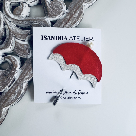 Brose si alte accesorii - Brosa piele umbreluta rosu cu alb sidefat