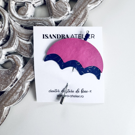 Brose si alte accesorii - Brosa piele umbreluta roz si albastru