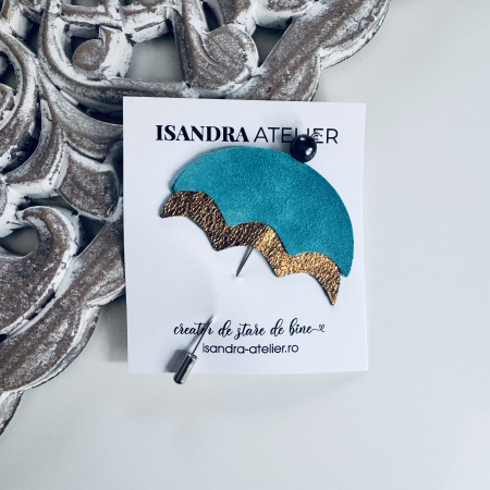 Martisoare piele - Brosa piele umbreluta turcoaz cu bronz stralucitor
