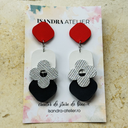 Cercei piele - Cercei piele geometrici patrate rosu alb negru
