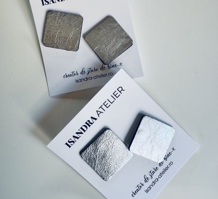 Cercei piele - Cercei geometrici piele naturala patrat rotunjit