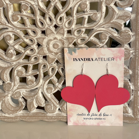 Cercei inima - Cercei inima mare piele naturala roz