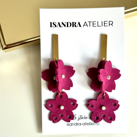 Cercei piele - Cercei piele flori mici fuchsia