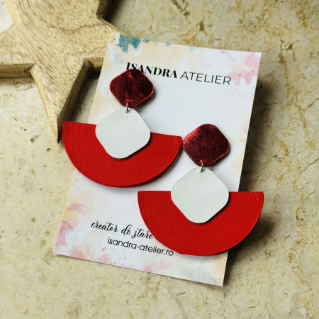 Cercei piele - Cercei piele geometrici barcuta rosie