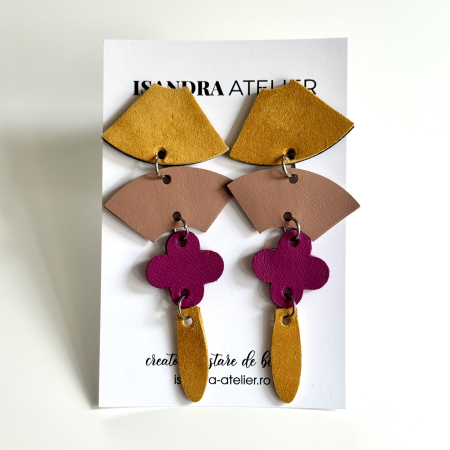 Cercei geometrici - Cercei piele geometrici colorati galbeni