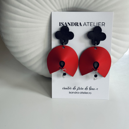 Cercei geometrici - Cercei piele geometrici Halo rosu cu bej