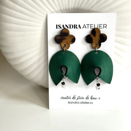 Cercei geometrici - Cercei piele geometrici Halo verde si animal print