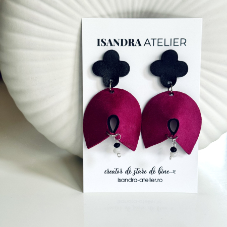 Cercei piele - Cercei piele geometrici Halo fuchsia