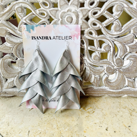 Cercei piele - Cercei piele Heliconia argintii