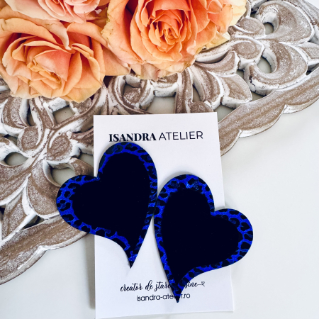 Cercei inima - Cercei piele inima mare albastra animal print