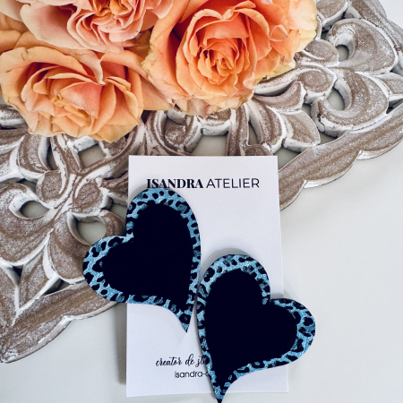 Cercei inima - Cercei piele inima mare bleu animal print